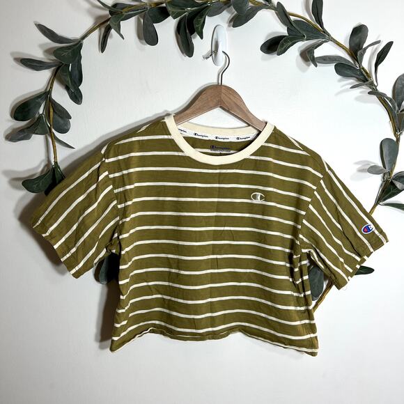 Champion Green and Cream Stripe Cropped Tee - Picture 1 of 4